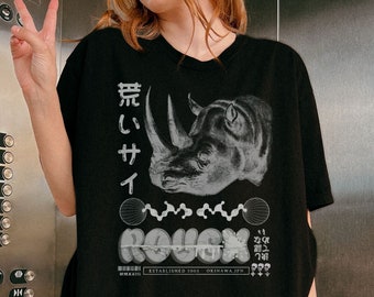 Streetwear Japanese T Shirt Vintage Harajuku T-shirt Rhino Streetstyle Unisex Tee Oversized Y2K Clothing