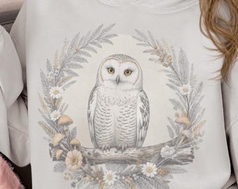 Snowy Owl Hoodie: Cottagecore Botanical Sweatshirt, Nature Lover Gift