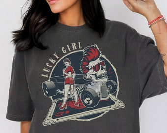 Rockabilly Tshirt Vintage Tee Hot Rod Shirt Classic Car Graphic Tshirt 50s Hotrod Lucky Girl Retro Gift Psychobilly Unisex