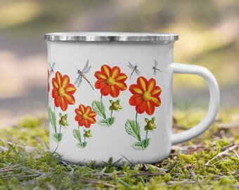 Vintage Floral Enamel Camping Mug: Dragonfly & Wildflower Coffee Cup