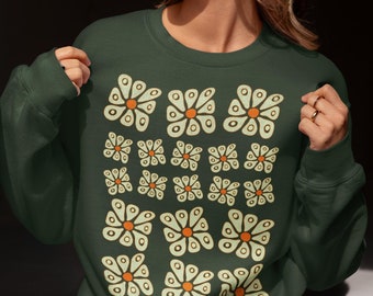 Vintage Daisy Sweatshirt Retro Flower Power Crewneck 70s Mod Floral Pullover Boho Wildflower Sweater