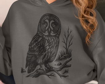 Great Grey Owl Hoodie - Cozy Cottagecore Clothing, Woodland Bird Hoodie, Owl Lover Gift, Unisex