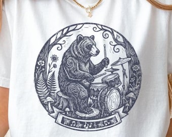 Bear Drummer T-Shirt – Vintage Woodcut Forest Graphic Tee