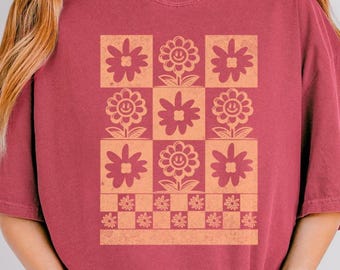 Comfort Colors Retro Flower Shirt – Groovy Smiley Face Floral Graphic Tee