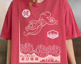 Japanese Octopus Shirt – Retro Ukiyo-e Wave Tee, Comfort Colors Graphic Streetwear
