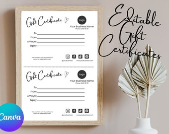 Modèle de certificat-cadeau modifiable, carte-cadeau DIY, fournitures pour petites entreprises, chèque-cadeau imprimable, carte-cadeau personnalisable, modèle Canva