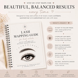 May include: A spiral-bound lash mapping guide for lash artists featuring step-by-step maps for beautiful, balanced results. The cover displays an eye illustration with numbered lash lengths, and the page lists contents including 10 pages, 5 lash maps, practice worksheets, and a decision guide.