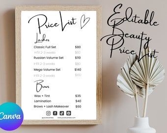 May include: A white framed price list for beauty services, including lashes and brows. The price list includes services like classic full set lashes, Russian volume set lashes, mega volume set lashes, wax and tint, lamination, and brows plus lash makeover. The price list also includes the social media handles and website for the business.