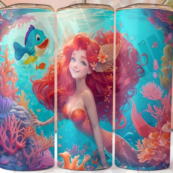 Little Mermaid Cartoon Princess Tumbler Wrap Cute Character Girl Sublimation Design PNG Ocean Fish Magical Red Hair Colorful Coral Reefs SVG