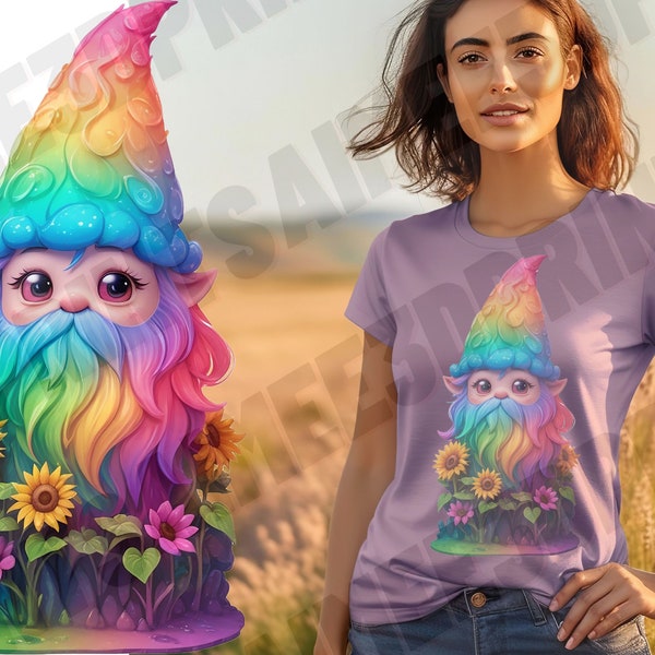 Cute Gnome T-Shirt Design PNG Sunflowers Neon Rainbow Sublimation Big Eyes Old Man Colorful Flower Garden Little Elf Hippie Magical Wizard