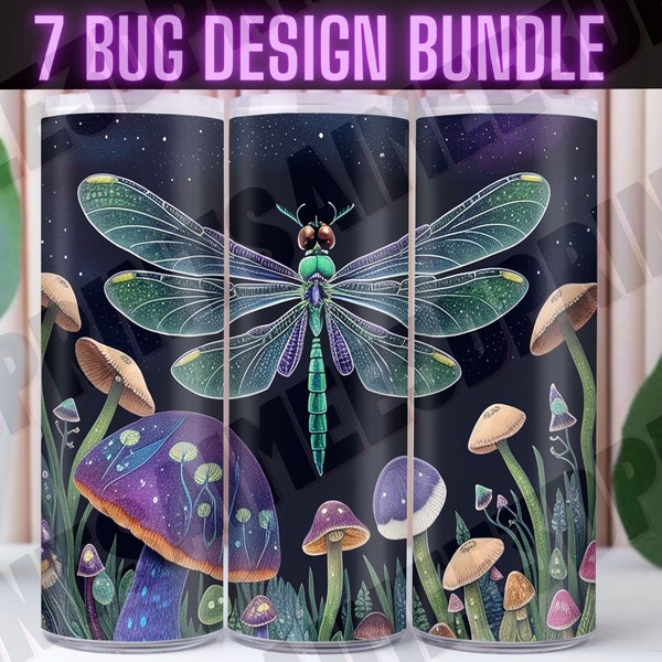 Cute Dragonfly Tumbler Wrap PNG Mushroom Flowers Night Sublimation Design Glow In The Dark Bright Starry Sky Spooky Embroidered Galaxy Magic