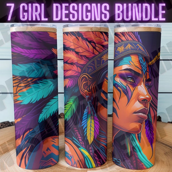 Amérindien Tumbler PNG Wrap Tribal Girl Sublimation Design Indigène Femme Guerrière Mignon Indien Dreamcatcher Coiffe Plumes Aztèque