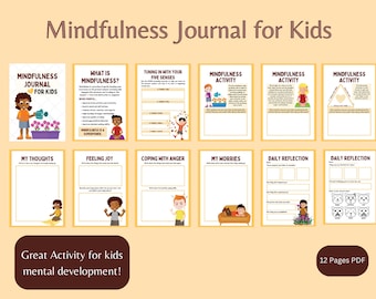 May include: A colorful printable mindfulness journal for kids with 12 pages. The journal includes activities such as tuning in with your five senses, mindfulness activities, daily reflection, and coping with anger.
