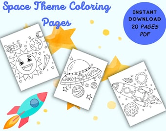 May include: A set of 20 printable space-themed coloring pages featuring a rocket, a UFO, and a sun with a smiling face. The pages are perfect for kids who love space and coloring.