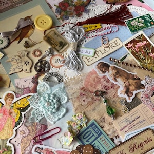 25 pcs Themed Mystery Ephemera Pack| Junk Journal Supplies|Scrapbooking| Papers, Stickers, Vintage Tickets, PET Tape loop & Washi Tape|