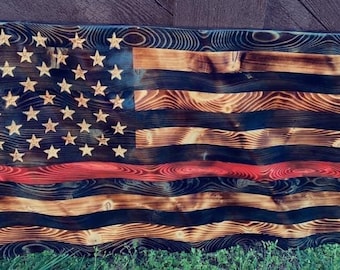 THIN RED LINE firefighter fireman 3D wavy wooden flag, custom flag firefighter support