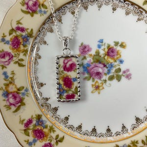 Dainty - Antique Floral! Broken China Rectangular Necklace