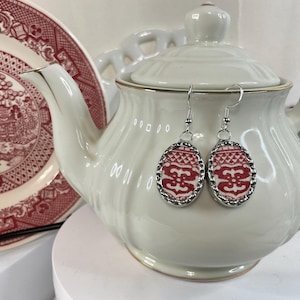 Red Pink Willow! Broken China Teardrop Earrings