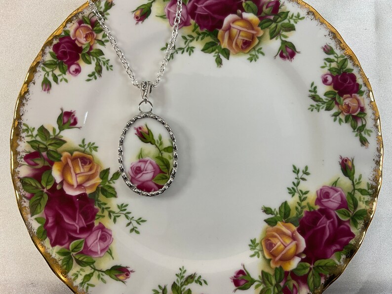 Old Country Roses Broken China Oval Necklace image 5