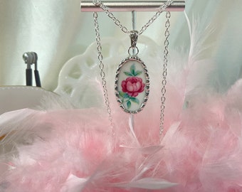 Pretty in Pink! Broken China Oval Necklace