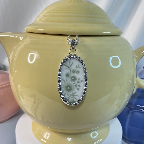 Gorgeous Green! Broken China Oval Necklace