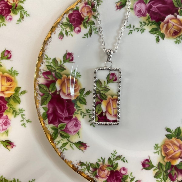Old Country Roses! Broken China Rectangular Necklace