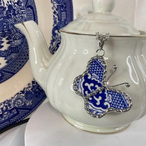 Blue Willow - Whimsical Butterfly! Broken China Butterfly Necklace
