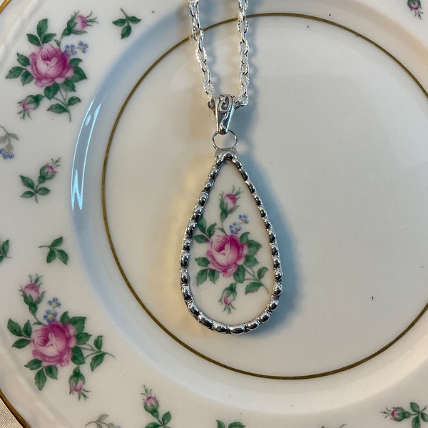 Radiant Rose! Broken China Teardrop Necklace