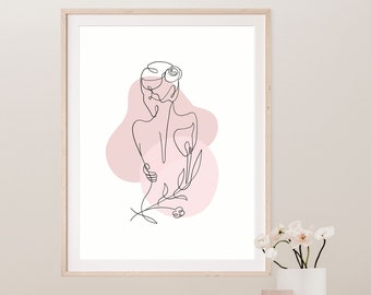 Floral Woman Line Art Print, Digital Wall Decor Print, Muted Dusty Pink Line Art Digital Print, Printable Feminine Wall Art, Decor