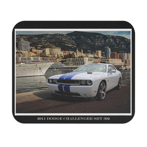 2011 Dodge Challenger SRT8 Muscle Car Mouse Pad | White with Blue Stripes