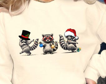 Rolig jultvättbjörns-T-shirt, bekväma färger för högtider, söt tvättbjörnsfamilj, festlig tvättbjörnstopp, vintertvättbjörns-T-shirt