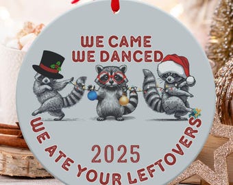Adorno de mapache divertido, recuerdo navideño de 2025, adorable panda de la basura, celebración de sobras, decoración festiva, regalo navideño, adorno único