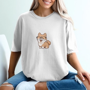 Comfort Colors Shiba Inu T-Shirt, Cute Dog Tee, Funny Animal Shirt, Dog Lover Gift, Cartoon Dog Shirt, Shiba Dog with Glasses, Unique Tee