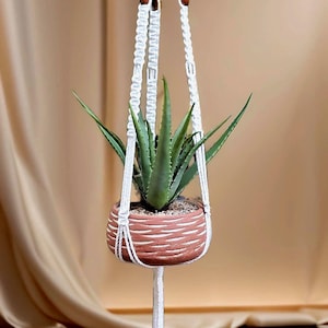 Handmade Macrame&#39; Plant Hanger: Boho Eco-Friendly White Cotton Rope