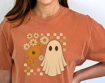 Kariertes Blumen Geist Shirt, Halloween Cottagecore Geist T-Shirt, süßes Retro Herbst Shirt, Vintage gruseliger Geist, Geist Shirt, ute Halloween