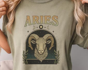 Aries Zodiac Sign Vintage Graphic Tee, Astrology Ram Shirt, Celestial Horoscope T-Shirt, Distressed Boho Star Sign Birthday Gift
