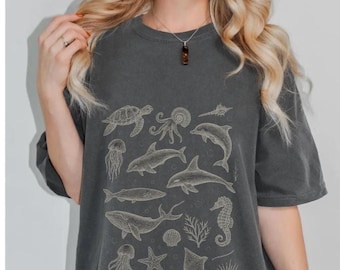 Camiseta vintage de criaturas marinas, camiseta de animales marinos de los 90, camiseta retro de vida marina, camiseta de orca, ballena, delfín y tortuga, camiseta de biología marina Y2K