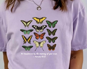 Butterfly Bible Verse Shirt, Be Transformed Romans 12:2 Tee, Christian Shirt for Women, Faith Inspirational Scripture Shirt, Religious Gift