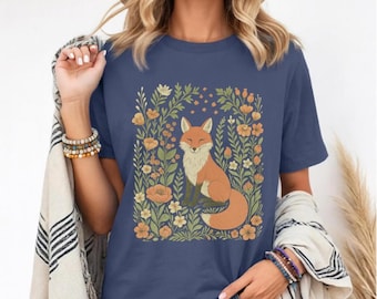 Vintage Fox Shirt, Floral Woodland Tee, Cottagecore Fairycore T-Shirt, Cute Forestcore Top, Wildflower Meadow Gift for Her