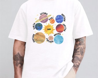 Camiseta com o Sistema Solar para professores de ciências, camiseta colorida com planetas e espaço, camiseta com estampa de sol e planetas, presente para professores de ciências, astronomia galáctica