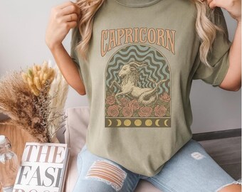 Camiseta del signo zodiacal Capricornio, camiseta vintage con estampado de cabra y astrología, camiseta bohemia con el signo del zodíaco, regalo de cumpleaños celestial para Capricornio