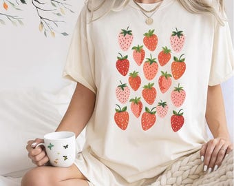 Cute Strawberry Pattern T-Shirt, Red and Pink Fruit Print Summer Graphic Tee, Sweet Berry Lover Shirt, Farmers Market Gift Top