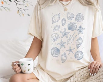 Ocean Seashell & Starfish Shirt, Beach Lover Summer Tee, Coastal Ocean Life Graphic, Sea Creature Nautical Vacation T-Shirt
