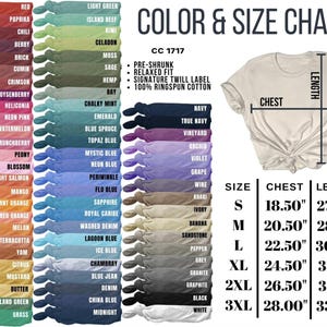 May include: A t-shirt colour and size chart, displaying a range of colours and size measurements. The chart includes colours from red to white, and sizes from S to 3XL, with chest and length measurements in inches.