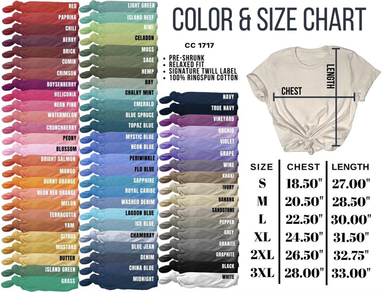 May include: A t-shirt colour and size chart, displaying a range of colours and size measurements. The chart includes colours from red to white, and sizes from S to 3XL, with chest and length measurements in inches.