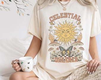 Celestial Dreamer Retro Grafik-T-Shirt | Vintage Sun Pilz Schmetterling Shirt | Boho Psychedelisches Hippie Hippie T-Shirt