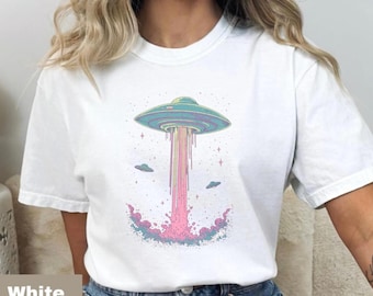 Retro UFO Spaceship T-Shirt | Vaporwave Alien Abduction Graphic Tee | Neon Sci-Fi Space Shirt, retro ufo shirt, alien abduction tee
