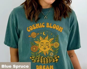 Cosmic Bloom Dream Retro Sunflower Graphic Tee | Vintage Celestial Boho Shirt | Groovy Psychedelic Hippie Aesthetic T-Shirt