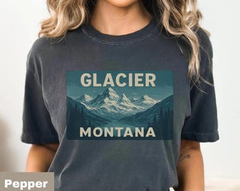 Camiseta del Parque Nacional Glaciar, camiseta vintage de senderismo de Montana, estampado de lago de montaña alpino, camiseta retro de viajes a parques nacionales.