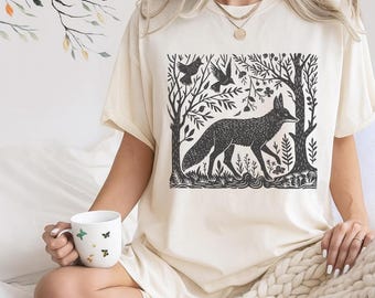 Folklore Forest Fox Shirt, Vintage Linocut Fox T-Shirt, Folk Art Woodland Tee, Cottagecore Aesthetic Forestcore Top